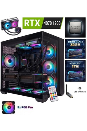 GA-Deluxe Ryzen 9 9900x + RTX 4070 12GB + 32GB DDR5 RAM 1TB M.2 NVMe SSD + Sıvı Soğutmalı Hazır Sistem Oyun Bilgisayarı