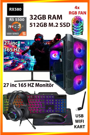 GA Gaming Ryzen 5 5500 RX 580 32GB DDR4 RAM 512GB M.2 NVMe SSD 27inc 165HZ Monitörlü Full Set Oyun Bilgisayarı