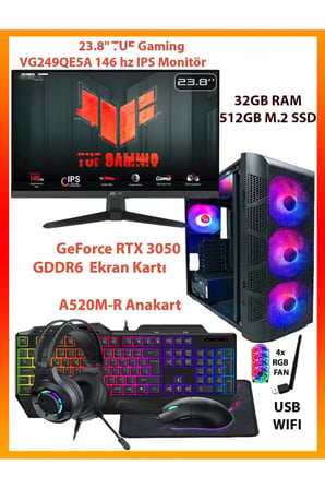 GA Gaming Dual RTX 3050 Ekran Kartı + Ryzen 5 5500 32GB RAM 512GB M2 SSD + TUF 146Hz Monitörlü Full Set Oyuncu Bilgisayarı