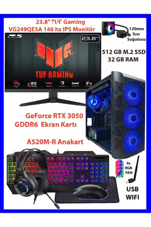 GA-S Gaming Dual RTX 3050 Ekran Kartı + Ryzen 5 5500 32GB RAM 512GB M2 SSD + TUF 146Hz Monitörlü Sıvı Soğutuculu Full Set Oyuncu Bilgisayarı