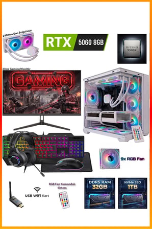 GA-Deluxe White RTX 5060 8GB Ryzen 9 9900X 32GB DDR5 1TB M.2 Sıvı Soğutmalı 23.8" Monitörlü Beyaz Masaüstü Oyuncu Bilgisayarı Seti