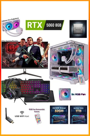 GA-Deluxe White RTX 5060 8GB Ryzen 9 9900X 32GB DDR5 1TB M.2 Sıvı Soğutmalı 27" Monitörlü Beyaz Masaüstü Oyuncu Bilgisayarı Seti