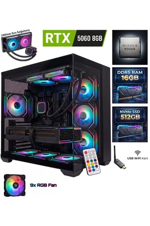 GA-Deluxe Ryzen 9 9900x + RTX 5060 8GB + 16GB DDR5 RAM 512GB M.2 NVMe SSD + Sıvı Soğutmalı Hazır Sistem Oyun Bilgisayarı