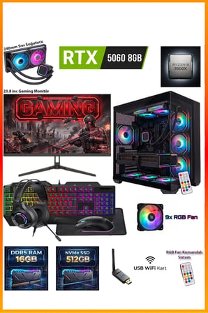 GA-Deluxe RTX 5060 8GB Ryzen 9 9900X 16GB DDR5 512GB M.2 Sıvı Soğutmalı 23.8" Monitörlü Masaüstü Oyuncu Bilgisayarı Seti
