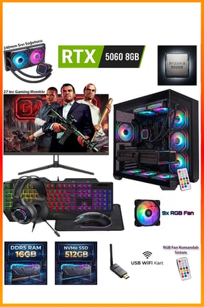 GA-Deluxe RTX 5060 8GB Ryzen 9 9900X 16GB DDR5 512GB M.2 Sıvı Soğutmalı 27" Monitörlü Masaüstü Oyuncu Bilgisayarı Seti