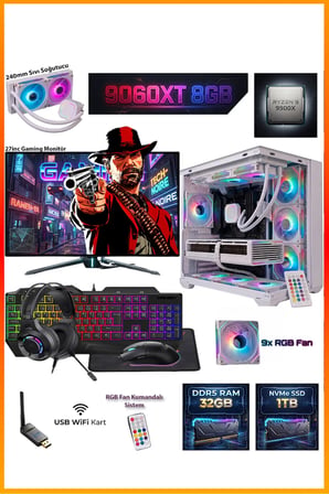 GA-Deluxe White RX 9060 XT 8GB Ryzen 9 9900X 32GB DDR5 1TB M.2 Sıvı Soğutmalı 27" Monitörlü Beyaz Masaüstü Oyuncu Bilgisayarı Seti
