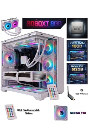 GA-Deluxe White RX 9060 XT 8GB Ryzen 9 9900X 16GB DDR5 512GB M.2 Sıvı Soğutmalı Beyaz Masaüstü Oyun Bilgisayarı