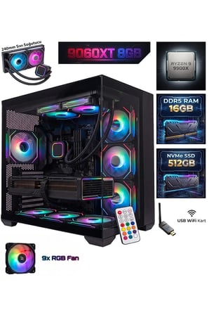 GA-Deluxe RX 9060 XT 8GB + Ryzen 9 9900x + 16GB DDR5 RAM 512GB M.2 NVMe SSD + Sıvı Soğutmalı Hazır Sistem Oyun Bilgisayarı