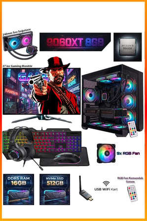 GA-Deluxe RX 9060 XT 8GB + Ryzen 9 9900X 16GB DDR5 512GB M.2 Sıvı Soğutmalı 27" Monitörlü Masaüstü Oyuncu Bilgisayarı Seti