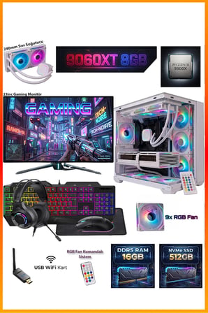 GA-Deluxe White RX 9060 XT 8GB Ryzen 9 9900X 16GB DDR5 512GB M.2 Sıvı Soğutmalı 23.8" Monitörlü Beyaz Masaüstü Oyuncu Bilgisayarı Seti