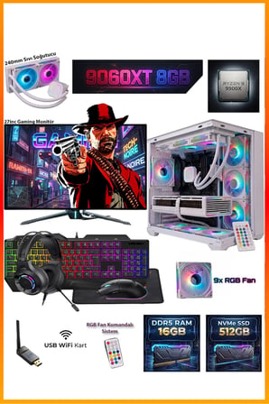 GA-Deluxe White RX 9060 XT 8GB Ryzen 9 9900X 16GB DDR5 512GB M.2 Sıvı Soğutmalı 27" Monitörlü Beyaz Masaüstü Oyuncu Bilgisayarı Seti