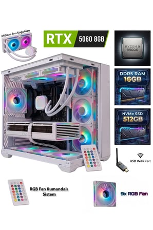 GA-Deluxe White RTX 5060 8GB Ryzen 9 9900X 16GB DDR5 512GB M.2 Sıvı Soğutmalı Beyaz Masaüstü Oyun Bilgisayarı