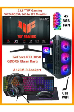 GA Gaming Dual RTX 3050 + Ryzen 5 5500 16GB RAM 512GB M2 SSD + TUF 146Hz Monitörlü Full Set Oyuncu Bilgisayarı