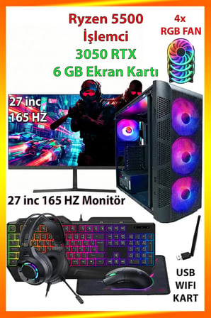GA Gaming Ryzen 5 5500 RTX 3050 16GB DDR4 RAM 512GB M.2 NVMe SSD 27inc 165HZ Monitörlü Full Set Oyun Bilgisayarı