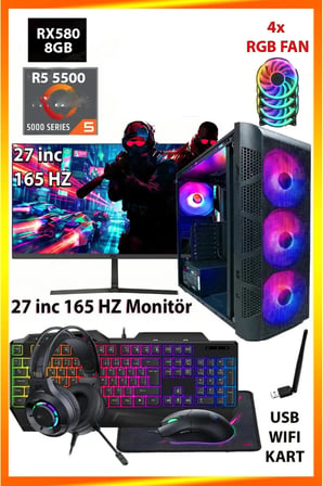 GA Gaming Ryzen 5 5500 RX 580 16GB DDR4 RAM 512GB M.2 NVMe SSD 27inc 165HZ Monitörlü Full Set Oyun Bilgisayarı