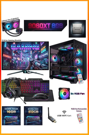 GA-Deluxe RX 9060 XT 8GB + Ryzen 9 9900X 16GB DDR5 512GB M.2 Sıvı Soğutmalı 23.8" Monitörlü Masaüstü Oyuncu Bilgisayarı Seti