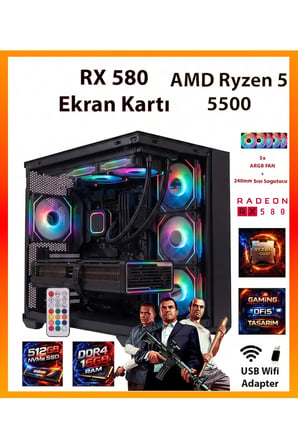 GA ESP Pro Sistem RX580 + Ryzen 5 5500 16GB RAM 512GB SSD + Sıvı Soğutucu Akvaryum Kasa FULL RGB Tak Çalıştır Oyuncu Bilgisayarı