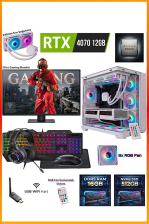 GA-Deluxe White RTX 4070 12GB Ryzen 9 9900X 16GB DDR5 512GB M.2 Sıvı Soğutmalı 27" Monitörlü Beyaz Masaüstü Oyuncu Bilgisayarı Seti