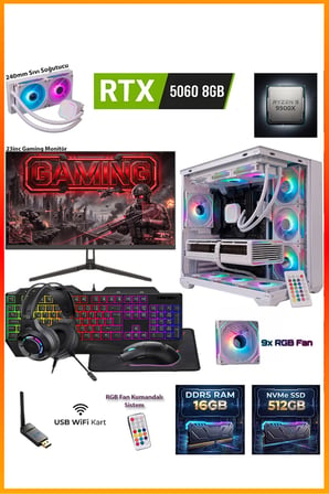 GA-Deluxe White RTX 5060 8GB Ryzen 9 9900X 16GB DDR5 512GB M.2 Sıvı Soğutmalı 23.8" Monitörlü Beyaz Masaüstü Oyuncu Bilgisayarı Seti