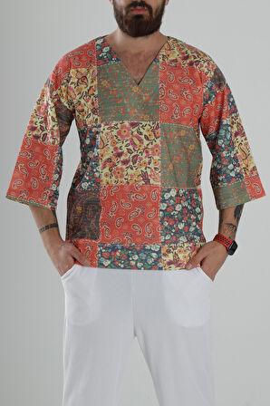Çiçek Desenli Fakir Kol T-Shirt