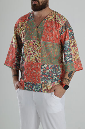 Çiçek Desenli Fakir Kol T-Shirt