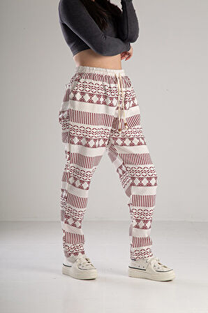 Bordo Desenli Keten Pantolon