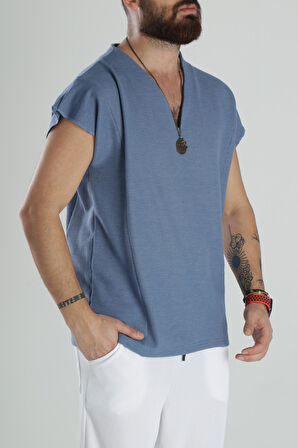 Mavi Pamuk Sıfır Kol T-Shirt