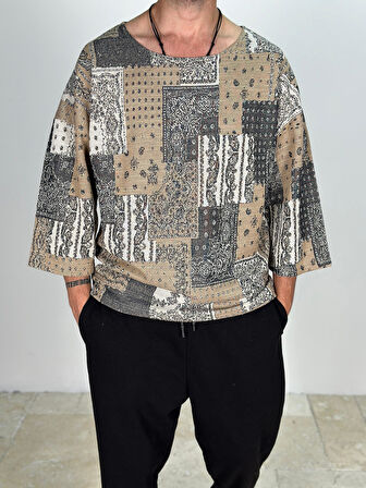 Yama Desenli Fakir Kol T-Shirt