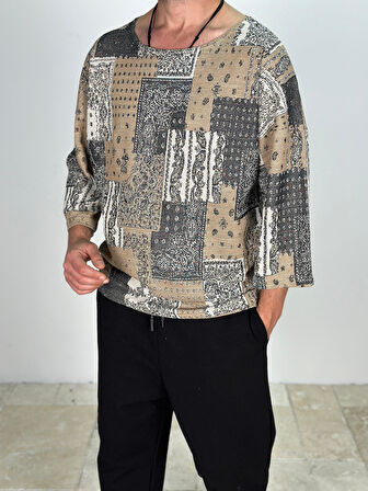 Yama Desenli Fakir Kol T-Shirt