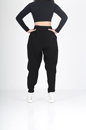 Bürümcük Kumaş Siyah Pileli Jogger Pantolon