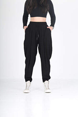 Bürümcük Kumaş Siyah Pileli Jogger Pantolon