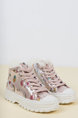 İçi Tüylü Yandan Fermuarlı Pudra Çocuk Bot