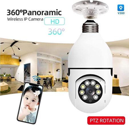 QASUL Cmr-19 Wifi 360 Panoramik Ampul Kamera Gece Görüş Ses Akıllı Hareket Algılayıcı Güvenlik Kamerası