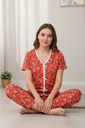 Kadın Turuncu Kalp Desenli Fiyonklu Kısa Kollu Uzun Pijama Takımı
