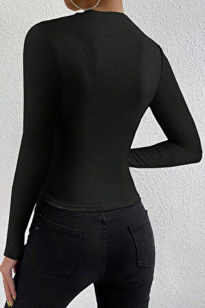 Kadın Siyah Belden Ve Boyundan Büzgü Detaylı Uzun Kollu Bluz