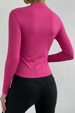 Kadın Fuşya Belden ve Boyundan Büzgü Detaylı Uzun Kollu Bluz