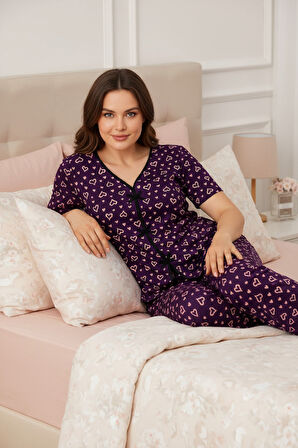 Kadın Mor Kalp Desenli Fiyonklu Kısa Kollu Uzun Pijama Takımı