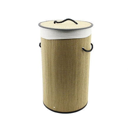 Yuvarlak Hasır - Ahşap Kirli Çamaşır Sepeti 37x60cm Seyyar Kapaklı İçi Bezli İp Kulplu