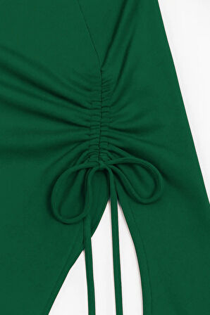 Kadın Yeşil Uzun İspanyol Kollu Asimetirik Yaka Yandan Bağlamalı Drapeli Bluz