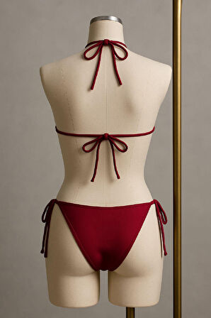 Kadın Bordo Yandan ve Boyundan Bağlamalı Bikini Mayo Takımı