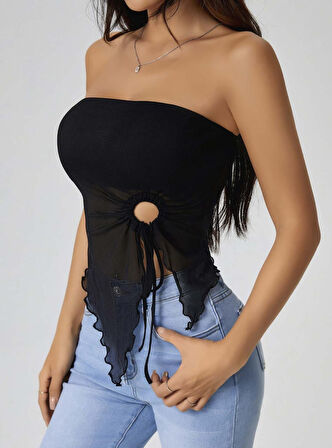 Kadın Siyah Crop Önden Halka Büzgü Detaylı 5094