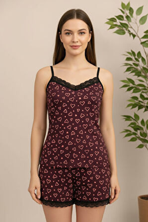 Kadın Mor Kalp Desenli Askılı Şortlu Dantelli Pijama Takımı