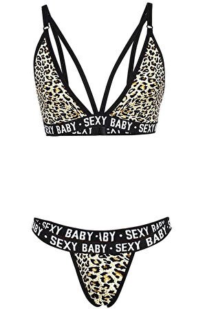 Kadın Leopar Desenli Yazı Detaylı Ipli Sütyen Takımı