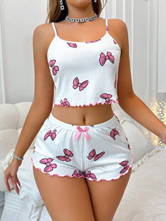 Kadın Fiyonklu Beyaz Şortlu Pijama Takımı