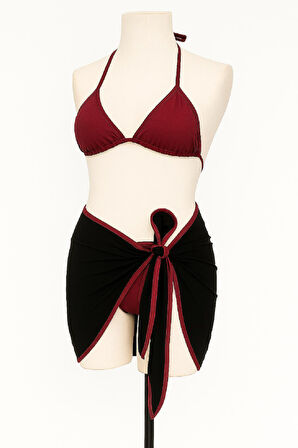 Kadın Bordo Siyah Pareolu Yandan ve Boyundan Bağlamalı 3'lü Bikini Takımı
