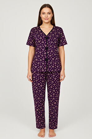Kadın Mor Kalp Desenli Fiyonklu Kısa Kollu Uzun Pijama Takımı