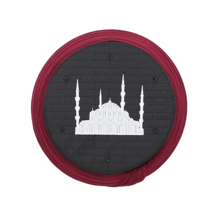 Cami Sarığı – Bordo Kumaş – Siyah Takke – Düz Sarım – Cami Nakışlı – 5 Metre