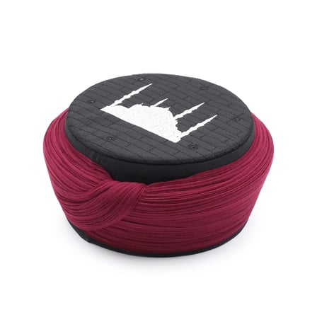 Cami Sarığı – Bordo Kumaş – Siyah Takke – Düz Sarım – Cami Nakışlı – 5 Metre