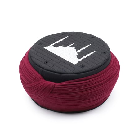 Cami Sarığı – Bordo Kumaş – Siyah Takke – Yuvarlak Sarım – Cami Nakışlı – 5 Metre
