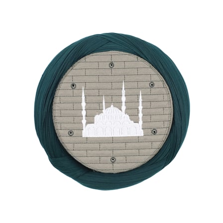 Cami Sarığı - Yeşil Kumaş - Yeşil Takke - Çapraz Sarım - Cami Nakışlı - 7 metre